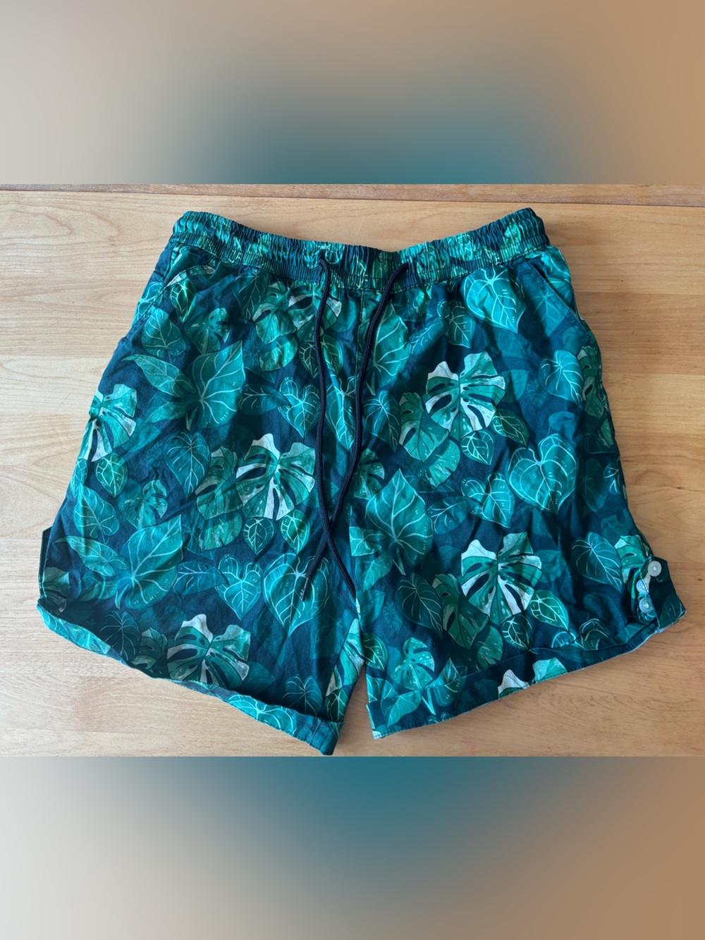 Morningwitch Unisex Medium Tropical Leaf Print Cotton Shorts - Teal Green